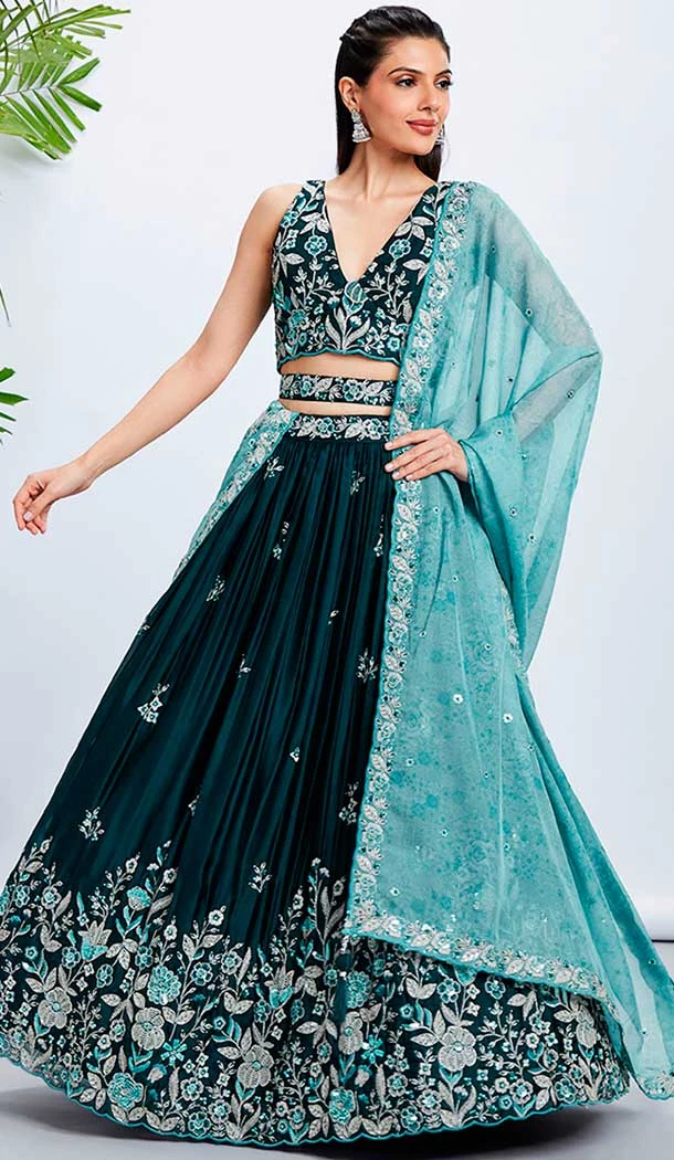 Embroidery Work Raw Silk Designer Wear Lehenga Choli In Teal Blue -138885495