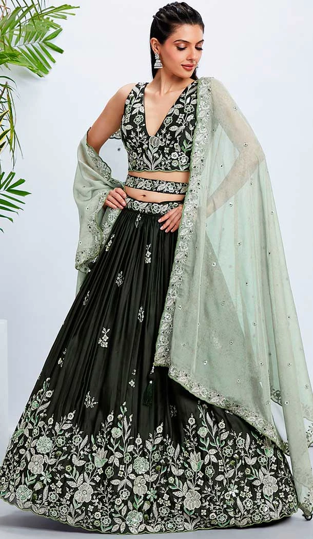 Embroidery Work Raw Silk Designer Wear Lehenga Choli In Olive Green -138885496