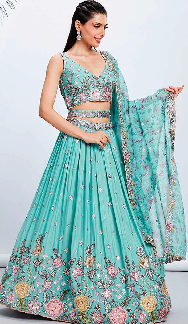 Embroidery Work Silk Chiffon Designer Wear Lehenga Choli In Turquoise -138885498