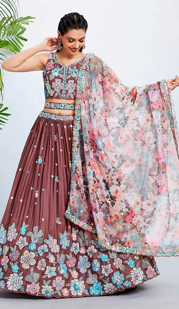 Embroidery Work Georgette Designer Wear Lehenga Choli In Rose Gold -138885499