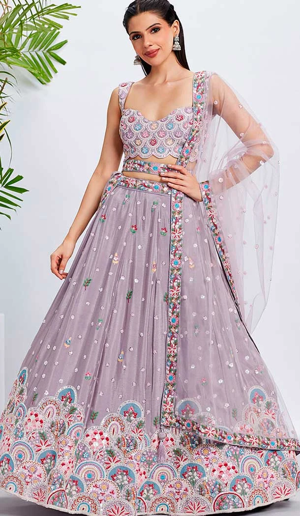 Embroidery Work Chiffon Designer Wear Lehenga Choli In Mauve -138885501