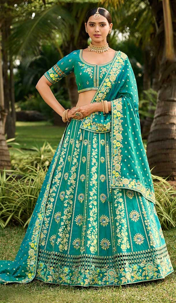Banarasi Silk Embroidery Work Designer Lehenga Choli in Rama Green -138965540