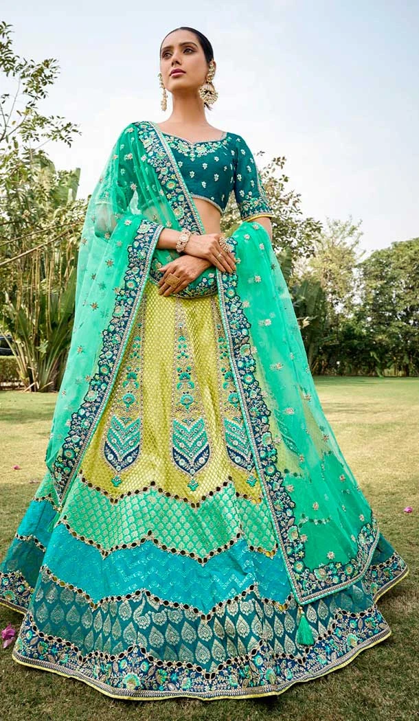 Jacquard Silk Embroidery Work Designer Lehenga Choli in Green -138965548