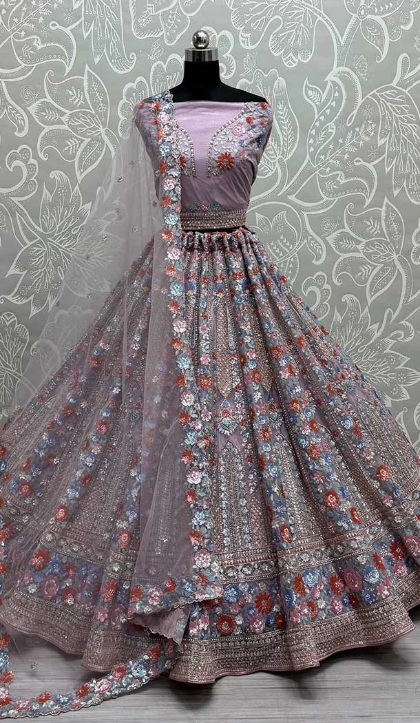 Bridal Wedding Wear Soft Net Diamond Work Lehenga Choli In Lavender -139325810