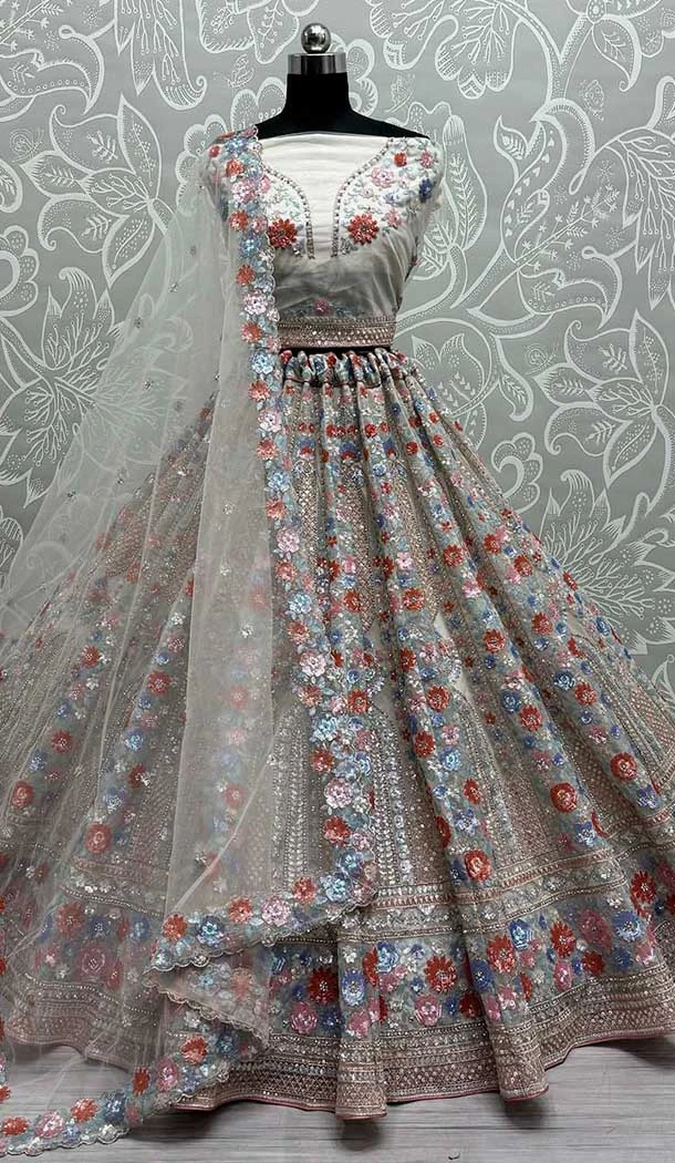 Bridal Wedding Wear Soft Net Diamond Work Lehenga Choli In Grey -139325812