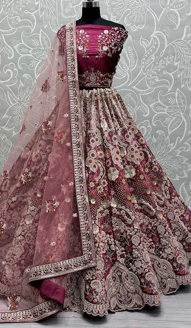 Bridal Wedding Wear Velvet Diamond Work Lehenga Choli In Pink -139335814