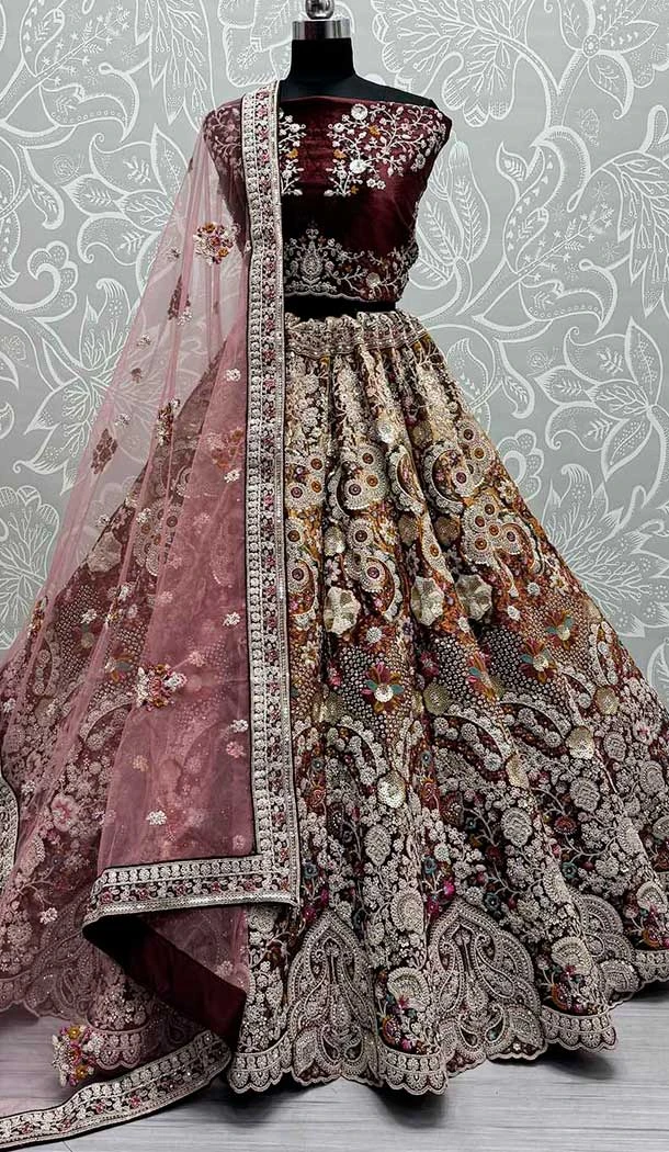 Bridal Wedding Wear Velvet Diamond Work Lehenga Choli In Maroon -139335817