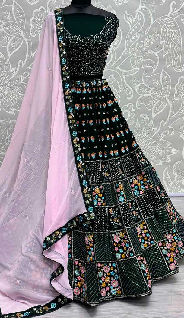 Georgette Embroidery Work Mehendi Sangeet Wear Lehenga In Green -139395850