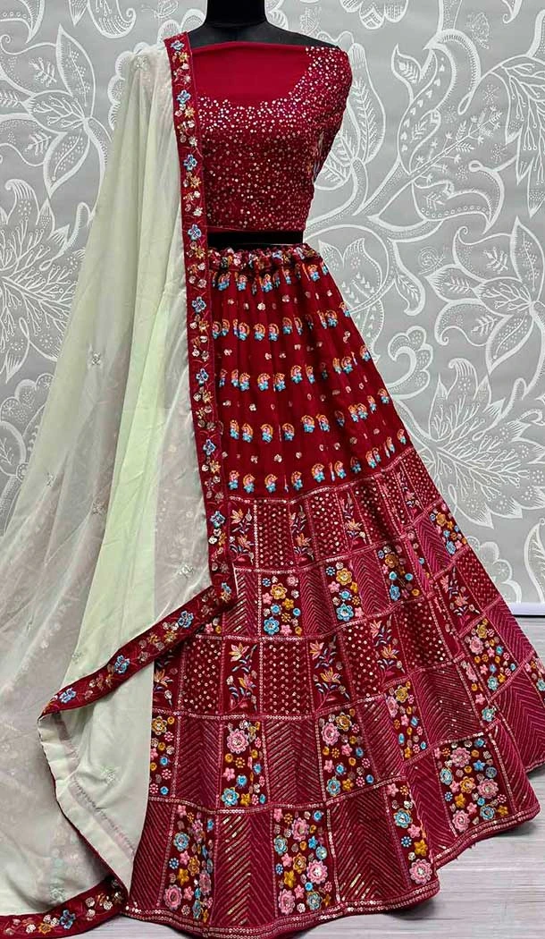 Georgette Embroidery Work Mehendi Sangeet Wear Lehenga In Maroon -139395851