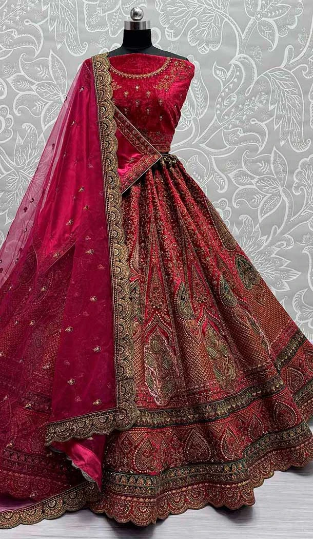 Pink Heavy Velvet Diamond Work Wedding Wear Lehenga Choli -139405854