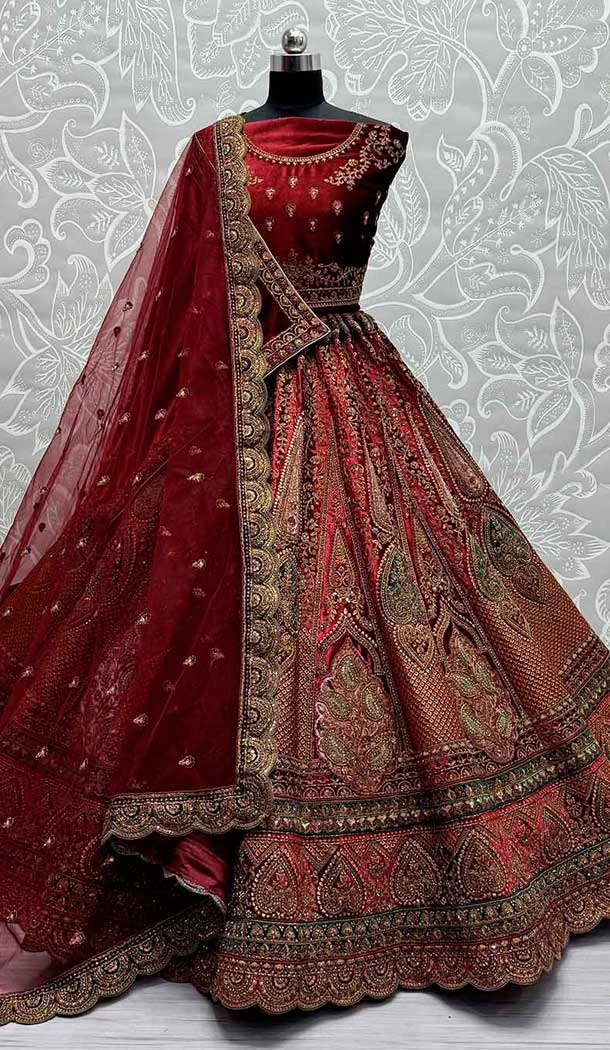 Maroon Heavy Velvet Diamond Work Wedding Wear Lehenga Choli -139405855