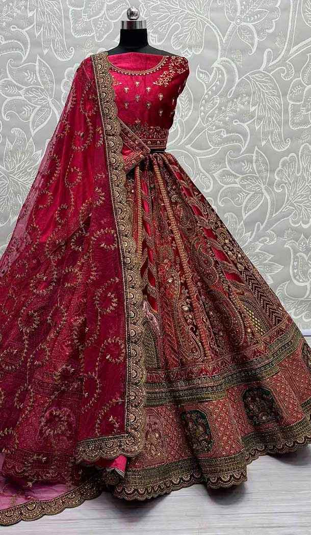 Heavy Velvet Diamond Work Wedding Wear Pink Lehenga Choli -139405857