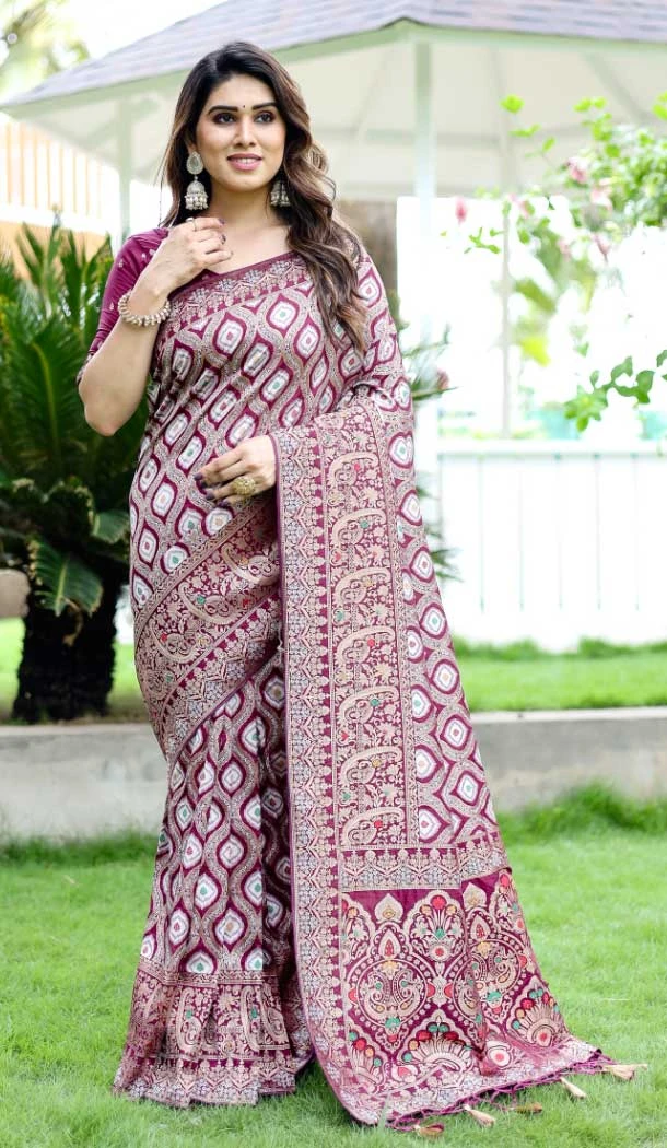 Pure Kanjivaram Zari Weaving Work Indian Traditional Saree In Wine -9151185976