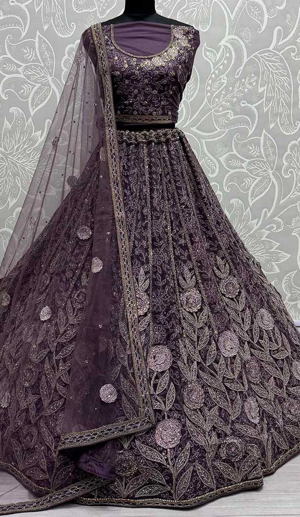Embroidery Work Net Designer Bridal Wedding Lehenga Choli in Matte Purple -140456418