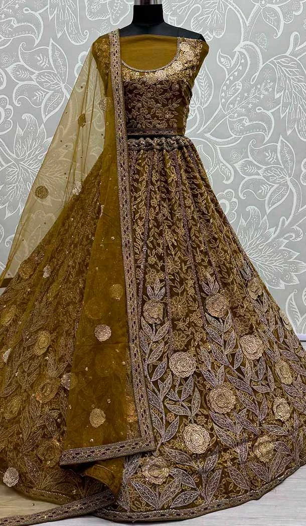Embroidery Work Net Designer Bridal Wedding Lehenga Choli in Mettalic Gold -140456419
