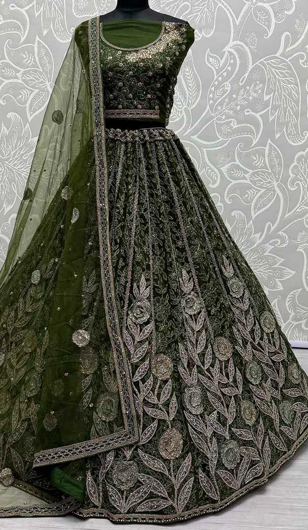 Embroidery Work Net Designer Bridal Wedding Lehenga Choli in Mahendi Green -140456420
