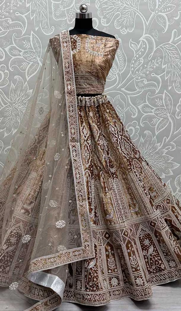 Embroidery Work Velvet Heavy Bridal Wedding Lehenga Choli in Light Brown -140466425