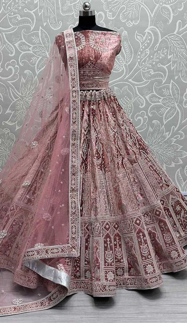 Embroidery Work Velvet Heavy Bridal Wedding Lehenga Choli in Pink -140466426