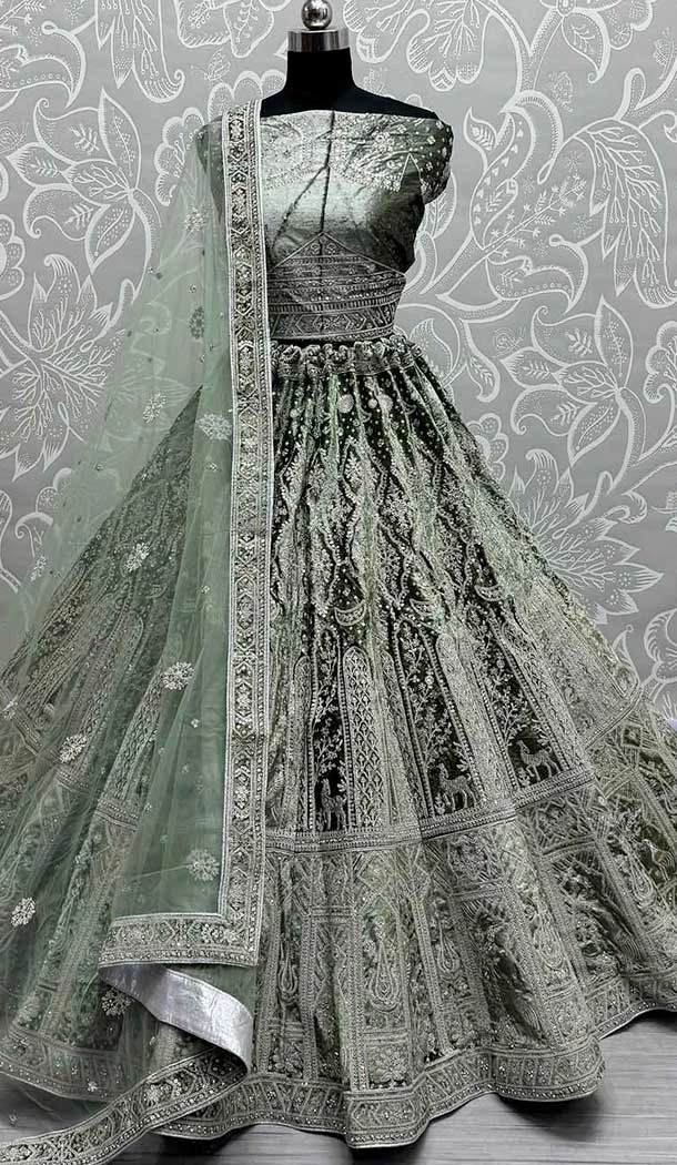 Embroidery Work Velvet Heavy Bridal Wedding Lehenga Choli in Pista Green -140466427