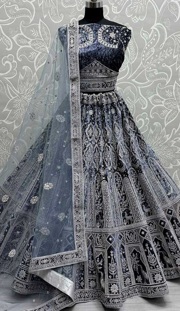 Embroidery Work Velvet Heavy Bridal Wedding Lehenga Choli in Grey -140466428