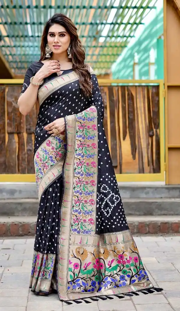 Pure Bandhej Silk Weaving Work Party Wear Sarees In Black -9164186045