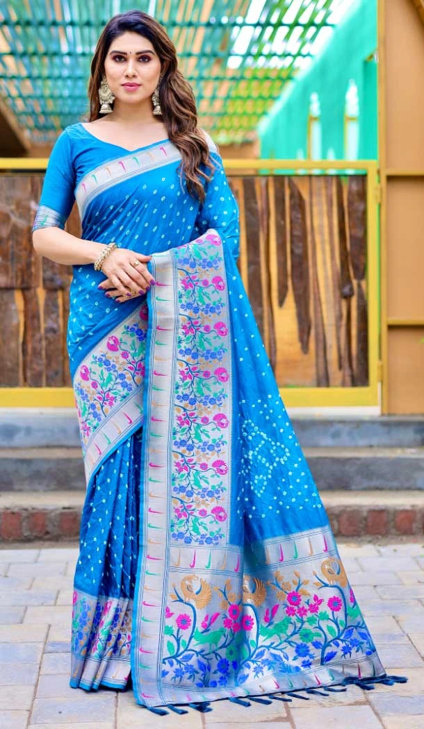 Pure Bandhej Silk Weaving Work Party Wear Sarees In Blue -9164186046