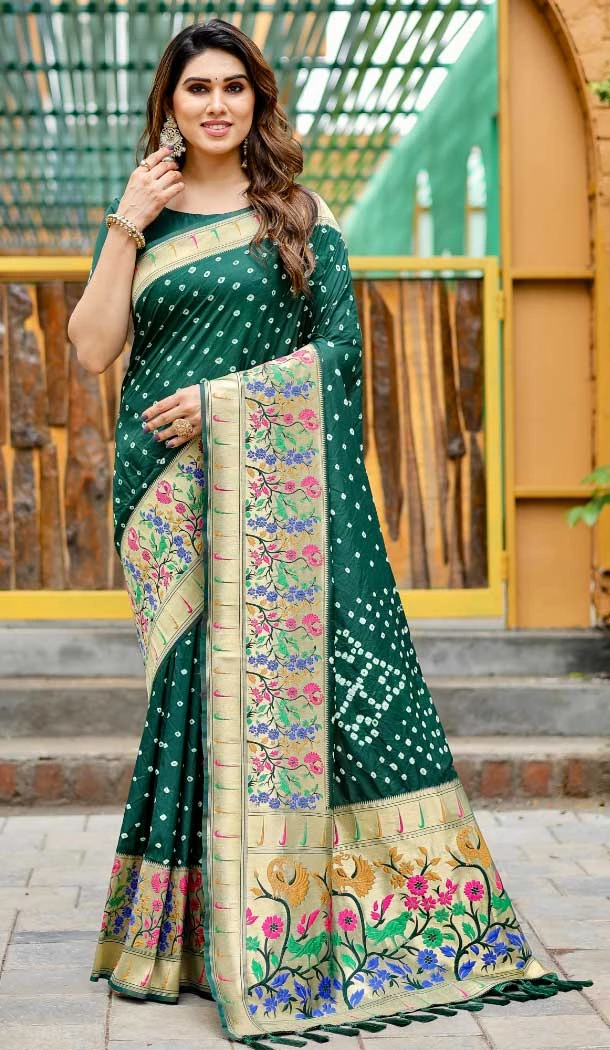 Pure Bandhej Silk Weaving Work Party Wear Sarees In Green -9164186047