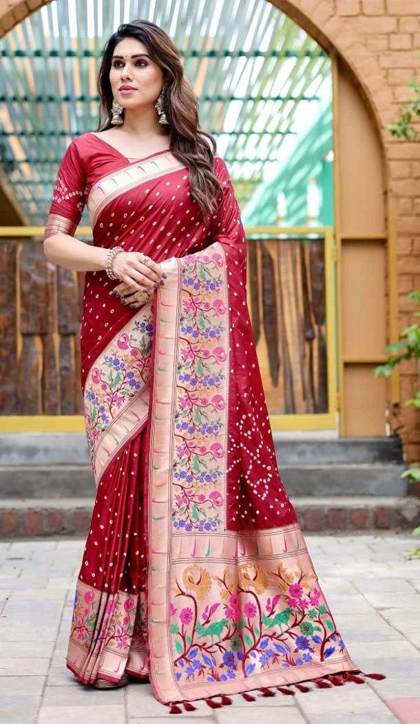Pure Bandhej Silk Weaving Work Party Wear Sarees In Maroon -9164186048