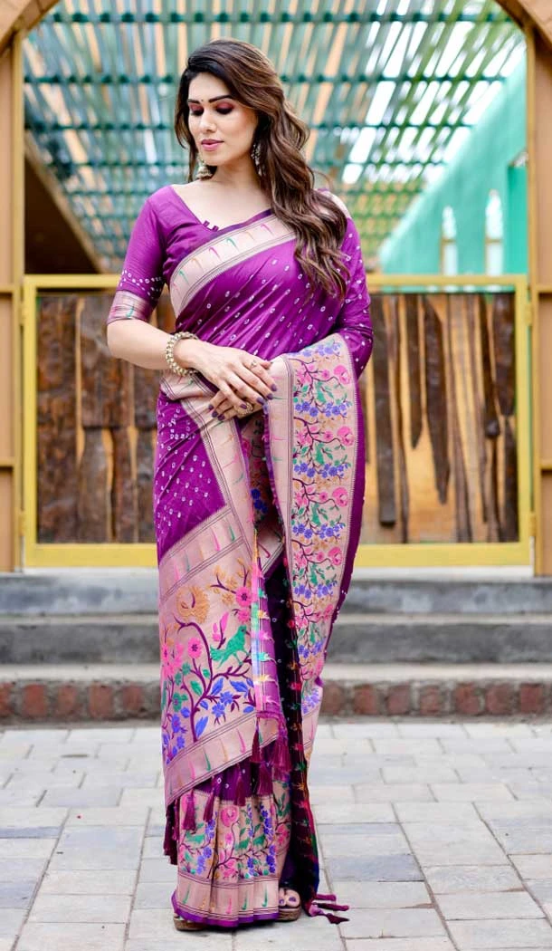 Pure Bandhej Silk Weaving Work Party Wear Sarees In Purple -9164186049