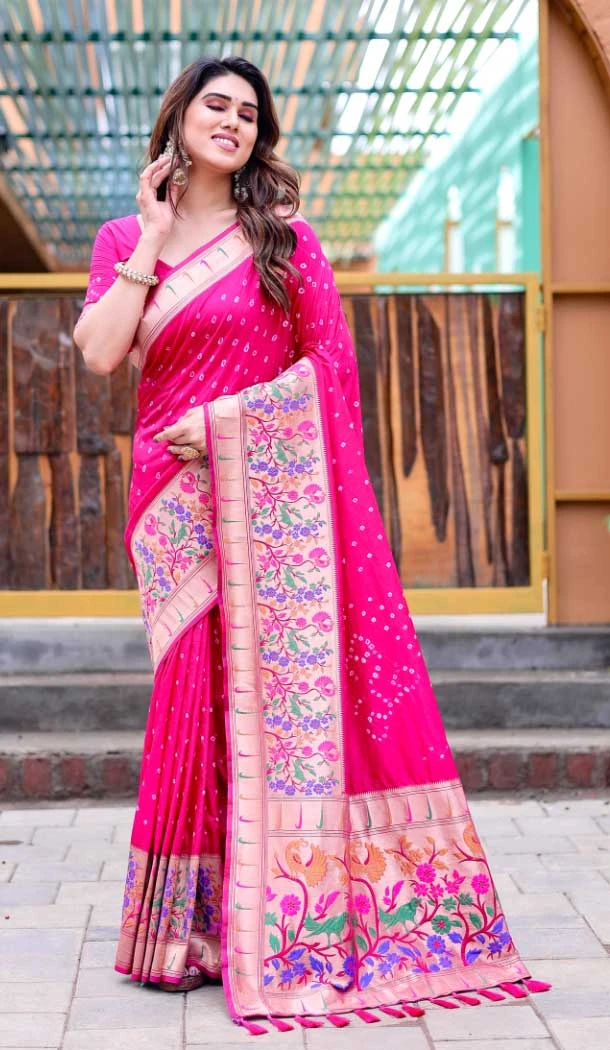 Pure Bandhej Silk Weaving Work Party Wear Sarees In Rani Pink -9164186050