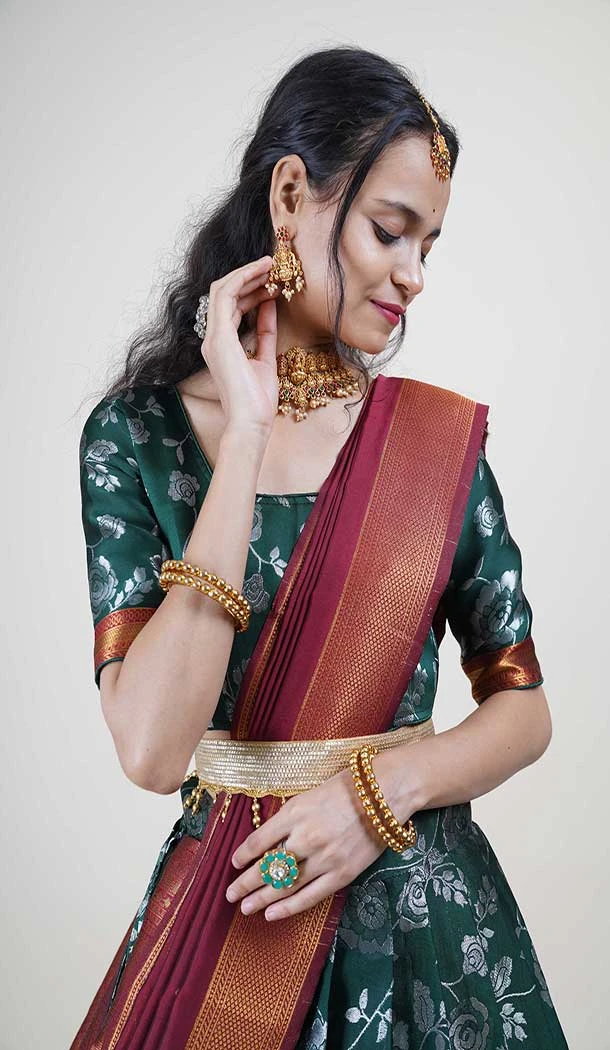 Lichi Silk Weaving Work Indian Traditional Lehenga Choli In Green -9239186359