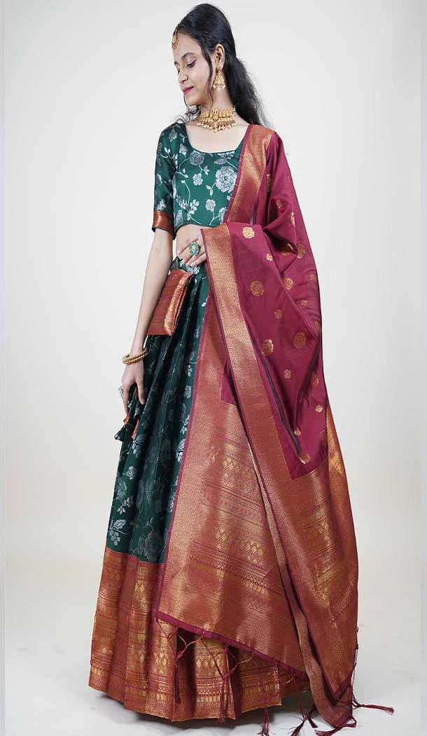Lichi Silk Weaving Work Indian Traditional Lehenga Choli In Green -9239186359