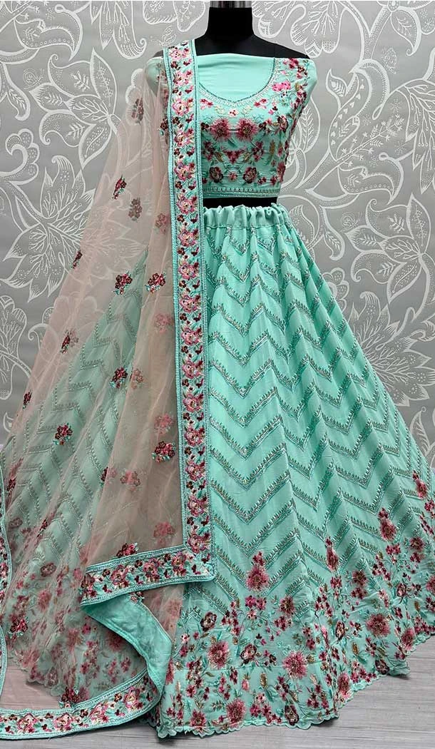 Georgette Diamond Embroidery Work Plus Size Designer Lehenga Choli In Sky Blue -140536458
