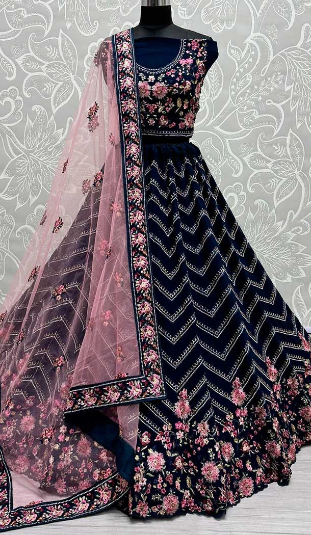 Georgette Diamond Embroidery Work Designer Lehenga Choli In Morpich -140536459