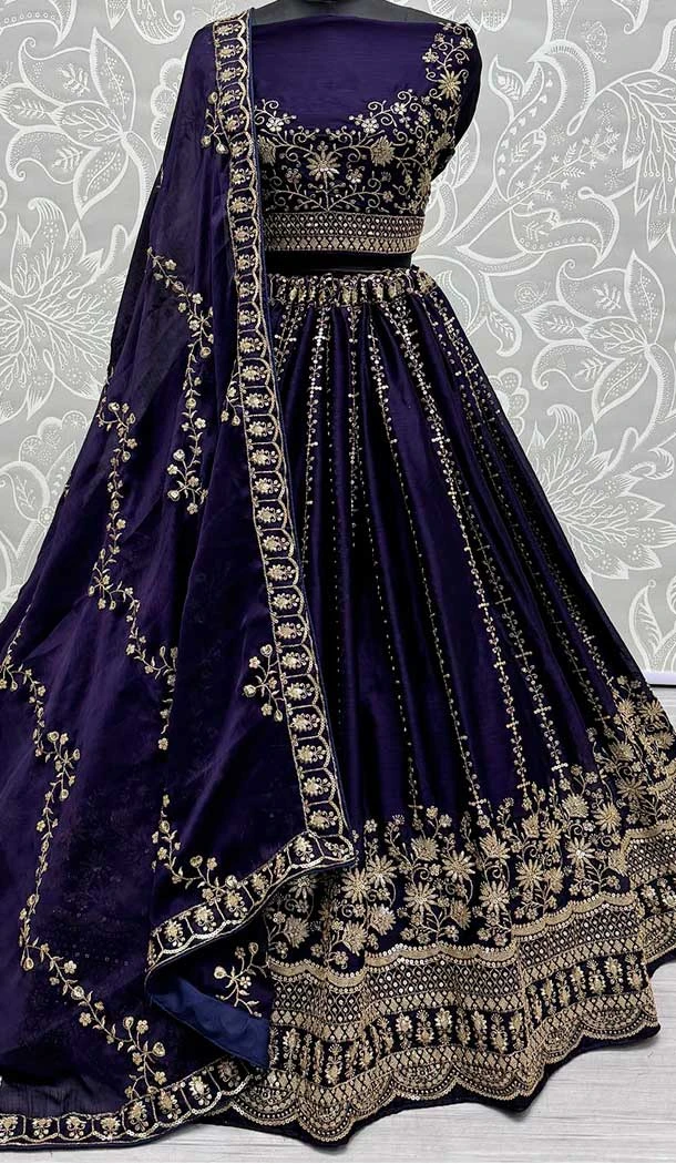 Satin Chiffon Embroidery Work Designer Lehenga Choli In Blue -140536461