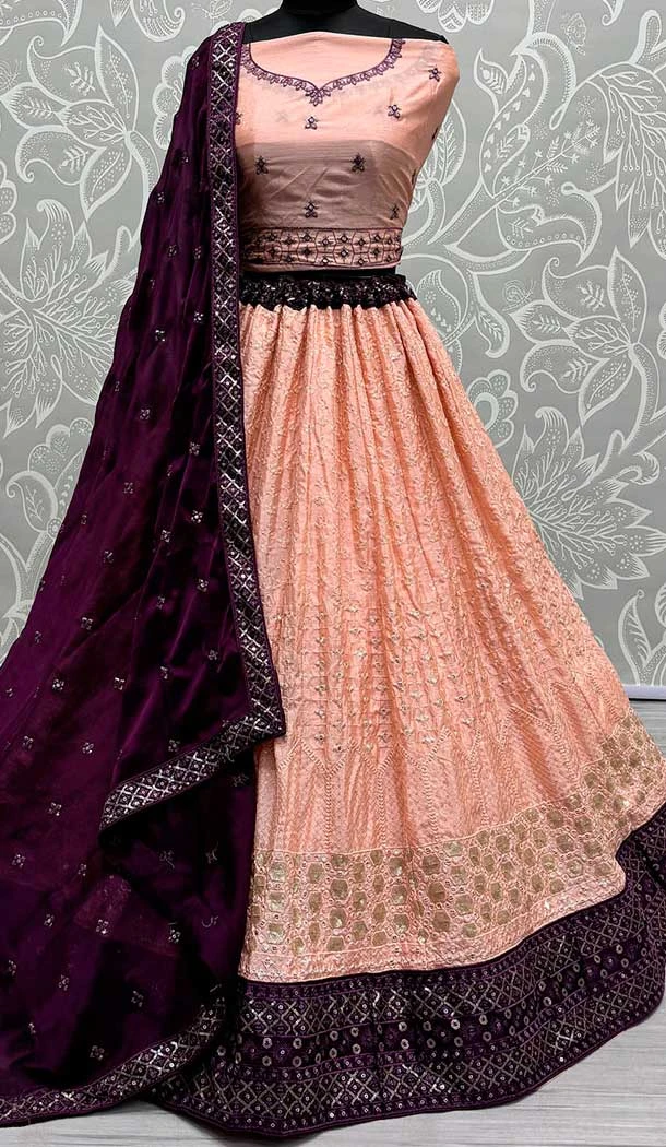 Georgette Embroidery Work Designer Women Ghagra Choli In Peach -141146773