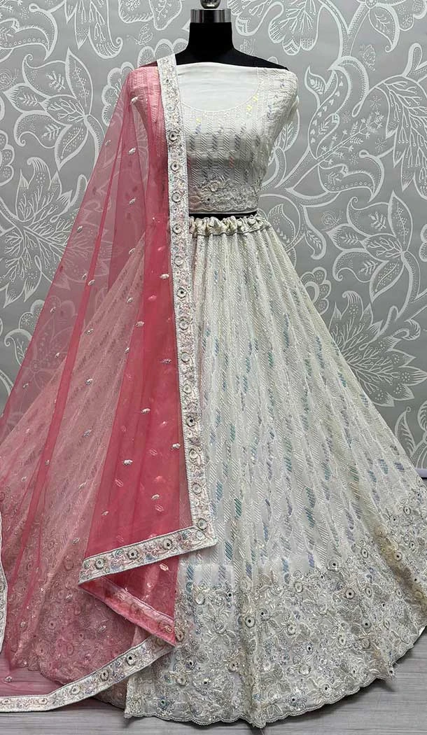 White Georgette Embroidery Work Designer Women Ghagra Choli In White -141146777