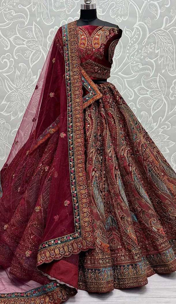 Velvet Diamond Work Luxury Bridal Lehenga Choli In Maroon -141156778