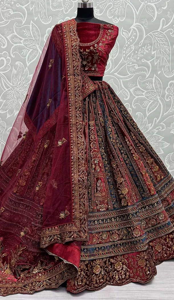 Maroon Velvet Diamond Work Luxury Bridal Lehenga Choli -141156779
