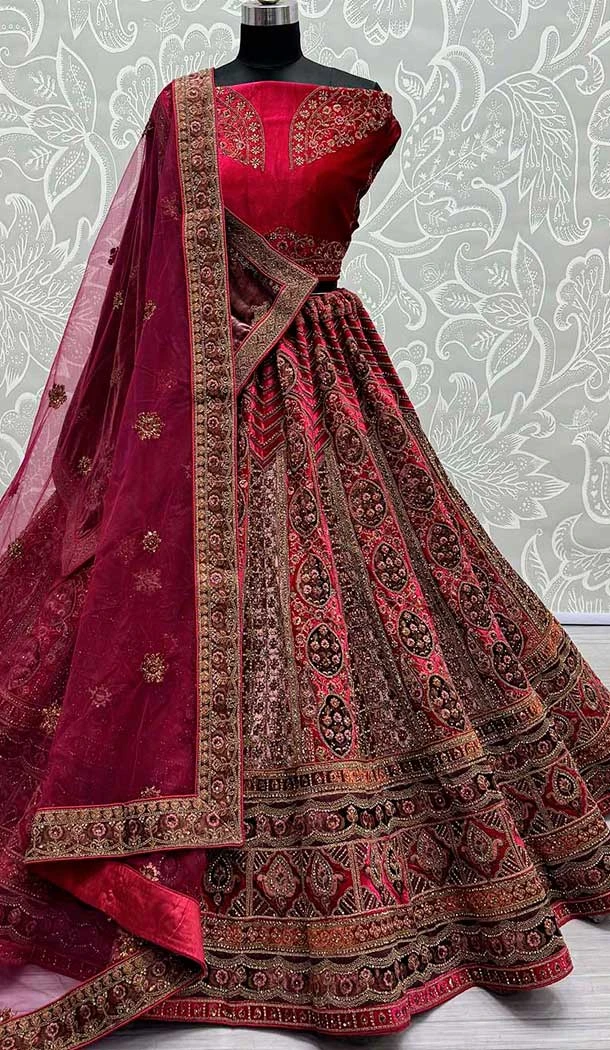 Velvet Diamond Work Luxury Bridal Lehenga Choli In Pink -141156781