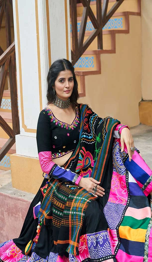 Viscose Rayon Mirror Work Navratri Special Chaniya choli In Black -144929089