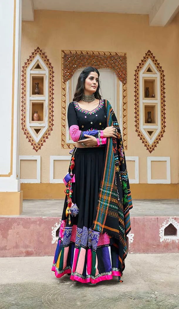 Viscose Rayon Mirror Work Navratri Special Chaniya choli In Black -144929089