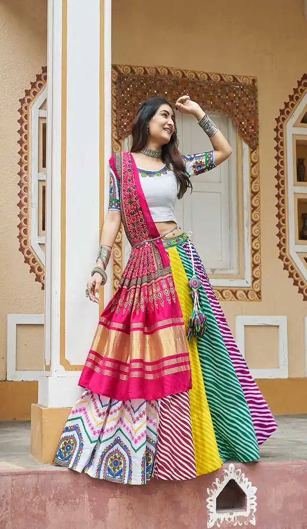 Maslin Cotton Mirror Work Navratri Special Chaniya choli In White -144929090