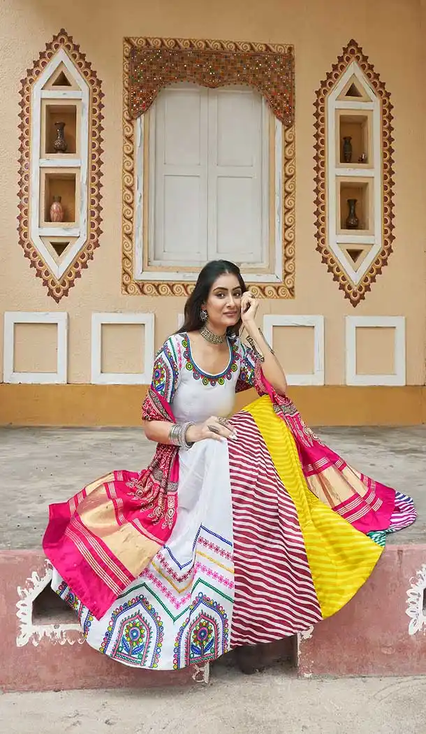 Plus Size Maslin Cotton Mirror Work Navratri Special Chaniya choli In White -144929090