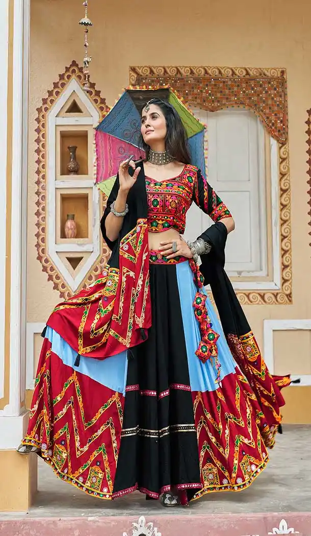 Viscose Rayon Mirror Work Navratri Special Chaniya choli In Sky Blue -144929091