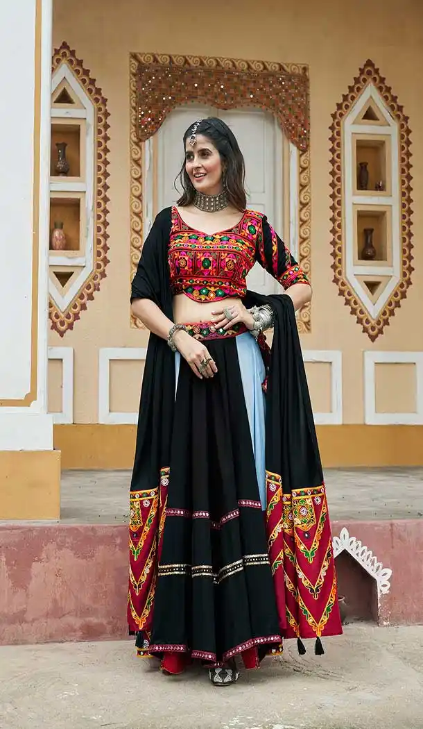 Plus Size Viscose Rayon Mirror Work Navratri Special Chaniya choli In Sky Blue -144929091