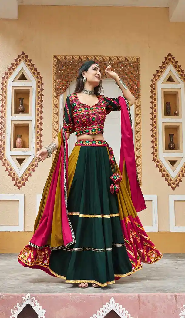 Viscose Rayon Mirror Work Navratri Special Chaniya choli In Mustard Yellow -144929092