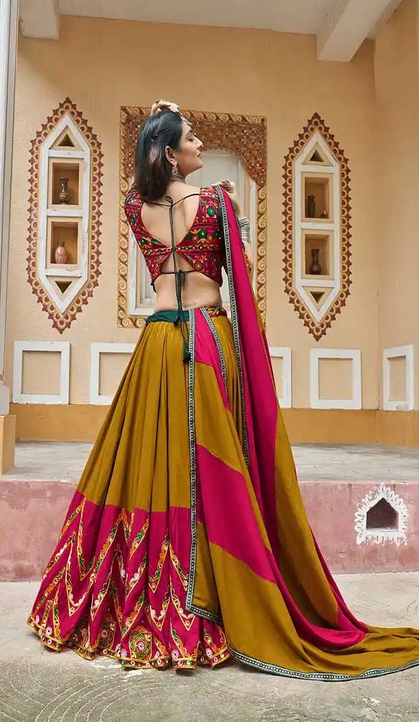 Plus Size Viscose Rayon Mirror Work Navratri Special Chaniya choli In Mustard Yellow -144929092
