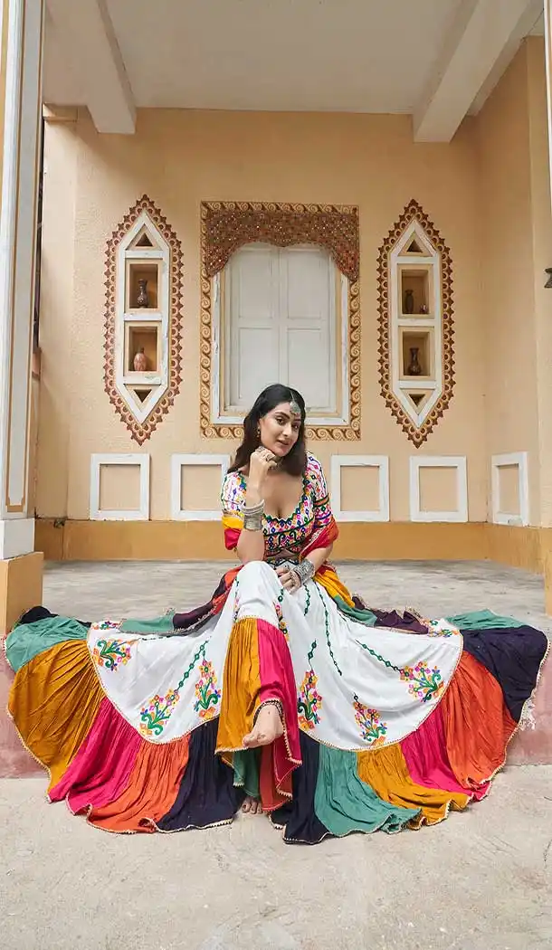 White Plus Size Viscose Rayon Mirror Work Navratri Special Chaniya choli -144929093