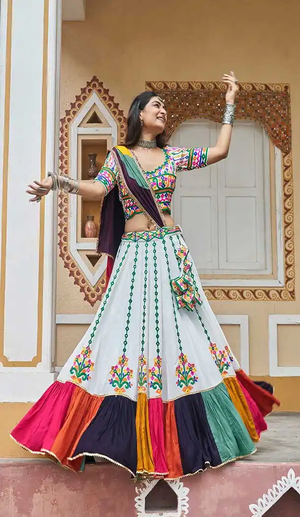 White Viscose Rayon Mirror Work Navratri Special Chaniya choli -144929093